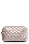 Mz Wallace Mica Quilted Nylon Cosmetics Case In Rose Gold Metallic