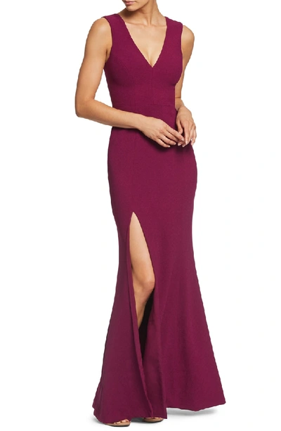 Dress The Population Sandra Plunge Crepe Trumpet Gown In Dark Magenta