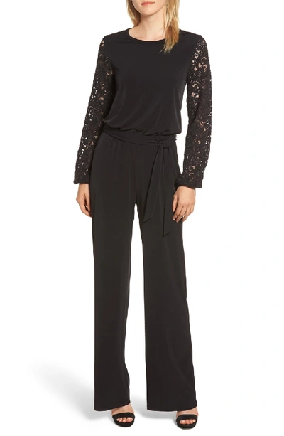 Michael Michael Kors Jewel-neck Lace-sleeve Jumpsuit With Belted Waist In Black