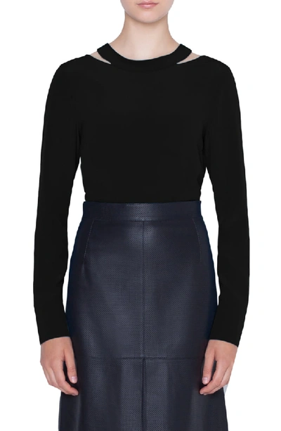 Akris Punto Long-sleeve Collarbone-cutout Silk Top In Black