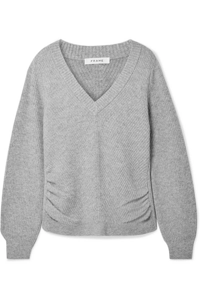 Frame Cinched Rib-knit V-neck Wool & Cashmere Sweater In Grey