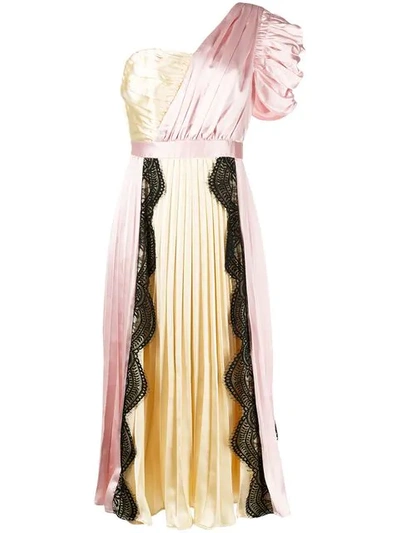 Self-portrait Ladies Pink And Yellow Floral-print Lace-panelled Pleated Satin Midi Dress