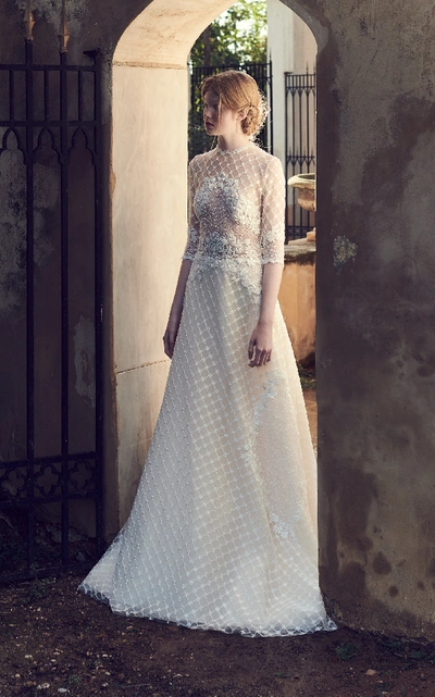 Costarellos Bridal Geometric Embroidered Tulle Gown In White