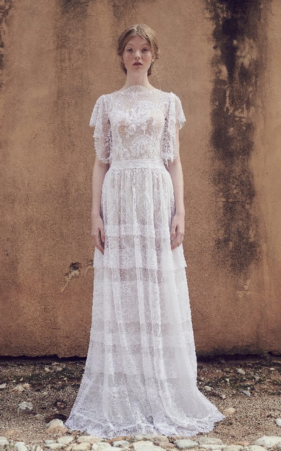 Costarellos Bridal Neoromantic Angel Sleeve Tiered Tulle Dress In White