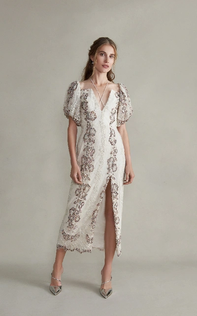 Markarian Hestia V-neck Midi Embroidered Lace Dress With Front Slit In White