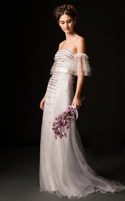 Temperley London Bridal Orelia Off Shoulder Gown With Cascading Jewel Embroidery In White