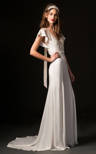 Temperley London Bridal Carmen V-neck Gown With Embroidered Bodice In White
