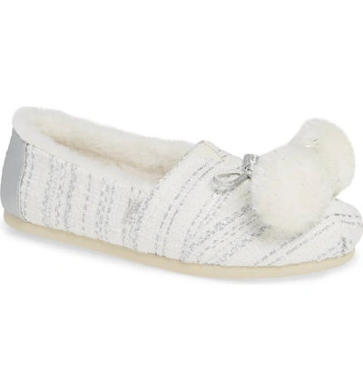 Toms Alpargata Slip-on With Faux Fur Lining & Pompoms In Silver Fabric