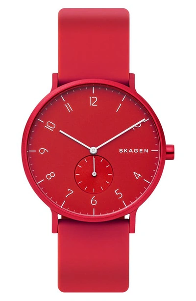 Skagen Aaren Kul?r Rubber Strap Watch, 36mm In Red   / Aluminum