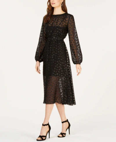 Avec Les Filles Tea Length Metallic Mesh Dress In Black