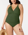 La Blanca Plus Size Solid Surplice One-piece Swimsuit Women's Swimsuit In Olive