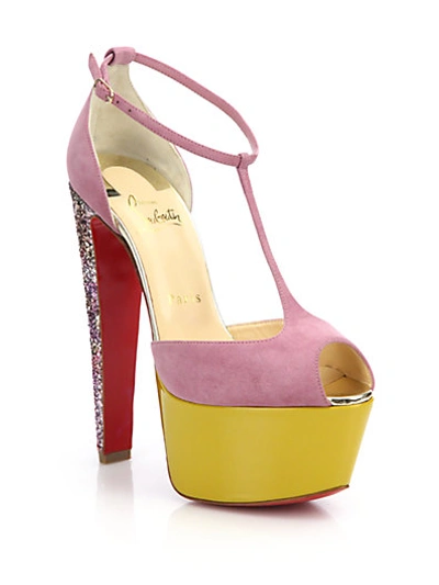 Christian Louboutin Nenecheritza Colorblock Suede Glitter-heel Sandals In Pink