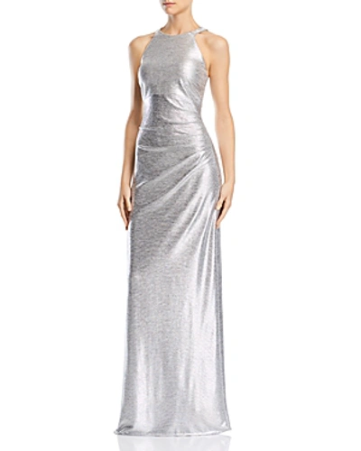 Avery G Embellished Metallic Gown In Silver