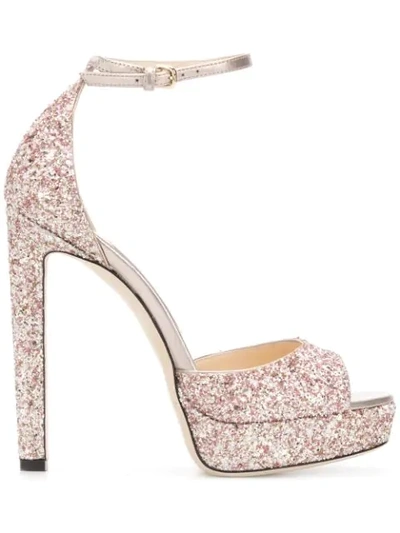 Jimmy Choo Pattie 130 Rosewood Painted Glitter Fabric Open Toe Platform Sandals In Rosewood Mix