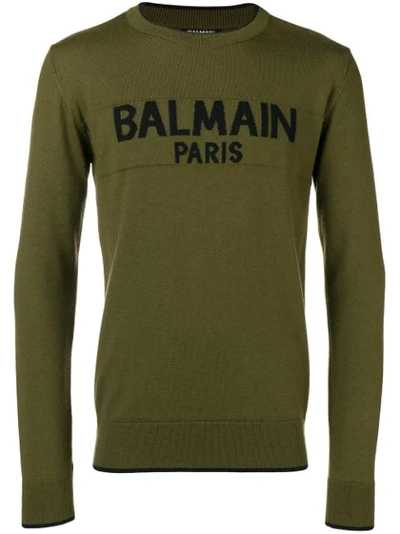 Balmain Wool Logo Knit Sweater In Military Green