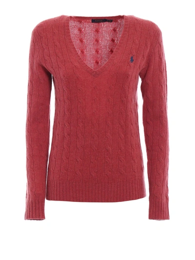 Polo Ralph Lauren Cable Knit Merino And Cashmere V Neck Sweater In Light Red