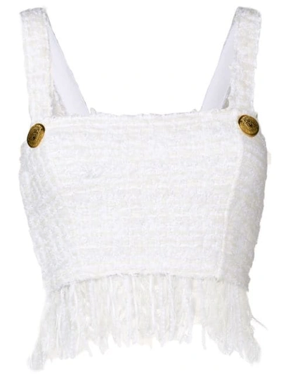 Balmain Fringed Tweed Crop Top In White