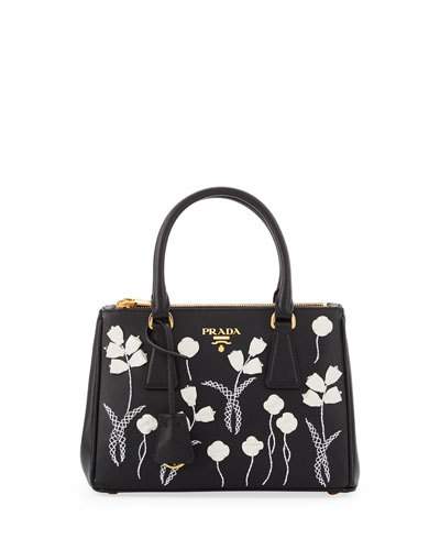 Prada Small Saffiano Galleria Floral Double-zip Tote Bag, Black/white  (nero+bianco) | ModeSens