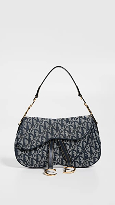 Pre-owned Dior Canvas Double Saddle Bag In Navy