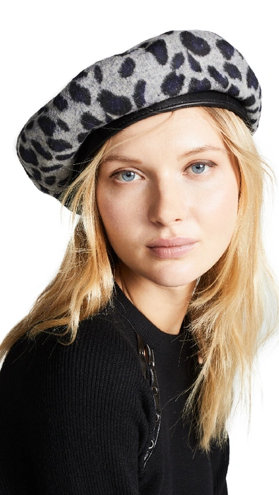 Brixton Audrey Beret Hat In Grey Leopard