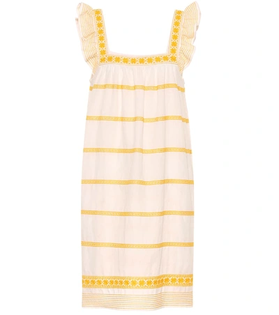 Tory Burch Sleeveless Striped Embroidered Sun Dress W/ Ruffle Detail In New Ivory/ Goldfinch