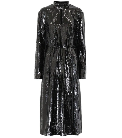 Tibi Avril Shell-paneled Sequined Cotton Midi Dress In Black