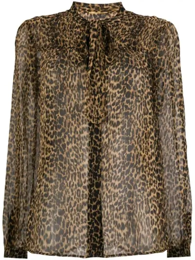 Saint Laurent Long-sleeve Button-down Leopard-print Sheer Silk Blouse With Neckties