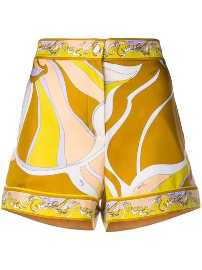 Emilio Pucci Silk Twill Printed Shorts In Yellow