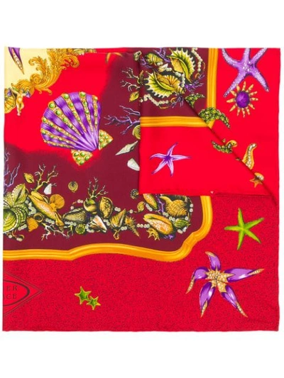 Pre-owned Versace 1990s Starfish-print Silk Scarf In Red