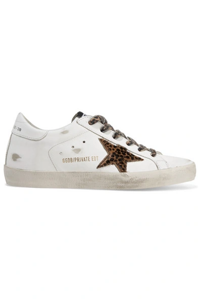Golden Goose Superstar Leopard-print Calf Hair And Distressed Leather Sneakers In White