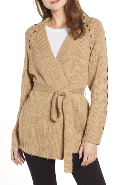 Moon River Contrast Stitch Belted Cardigan In Beige