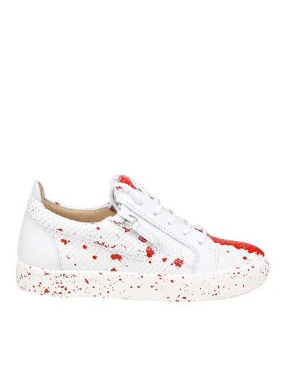 Giuseppe Zanotti Snake-embossed Leather Paint Splatter Low-top Trainers, Toddler In White