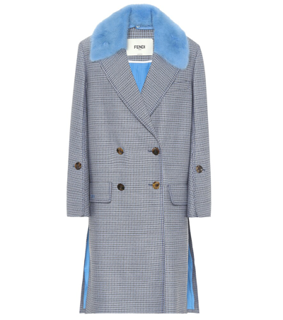 Fendi Check Double-breasted Wool Coat W/ Removable Mink Collar In Antigua Blue