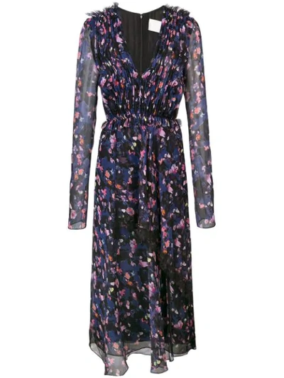 Jason Wu V-neck Long-sleeve Floral-print Crinkle Chiffon Day Dress W/ Lace Trim In Black