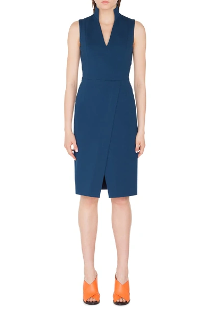 Akris Punto Stand-collar V-neck Jersey Sheath Dress In Blue