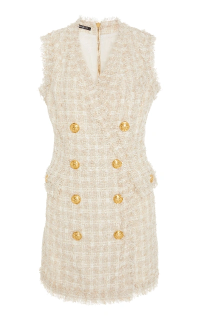 Balmain Fringed Tweed Double-breasted Mini Dress In Sable