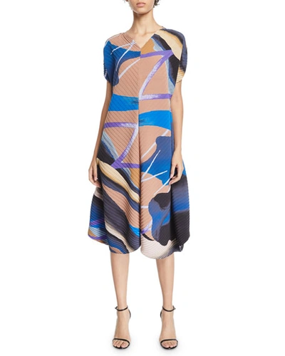 Issey Miyake Bloom Short-sleeve Pleated Midi Dress In Blue Pattern