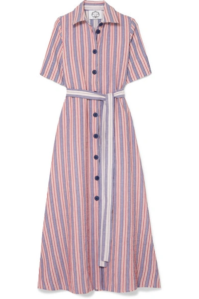 Evi Grintela Valerie Belted Striped Linen And Cotton-blend Midi Dress In Red/blue