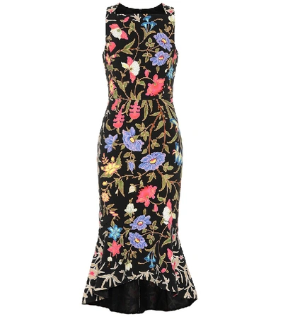 Peter Pilotto Kia Fluted Floral-print Stretch-cady Midi Dress In Black