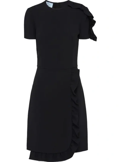 Prada Wrap-effect Ruffled Crepe Mini Dress In Black