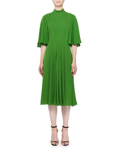 Andrew Gn Flutter-sleeve Pintucked Silk Dress In Green