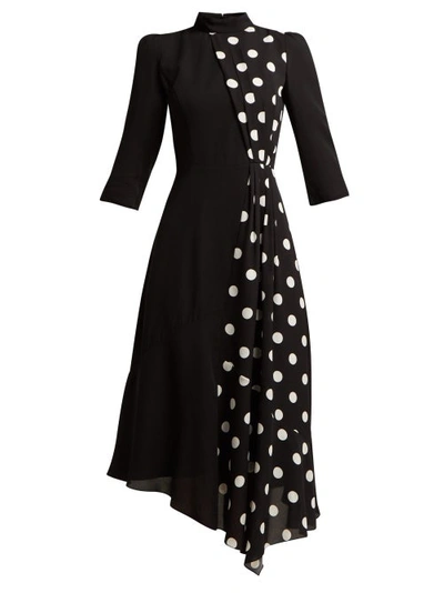 Andrew Gn 3/4-sleeve Polka-dot Panel Asymmetric Midi Dress In Black