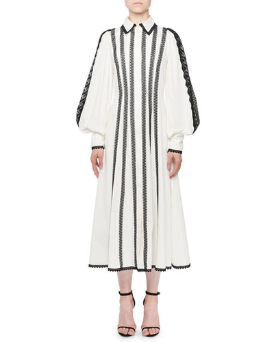 Andrew Gn Blouson-sleeve Lace-trimmed Shirt Dress In White/black