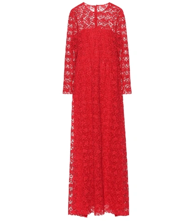Valentino Long-sleeve Rose Macrame Illusion Gown In Red