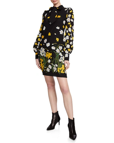 Andrew Gn Floral-print Neck-tie Blouson Sleeve Shift Dress In Black Pattern