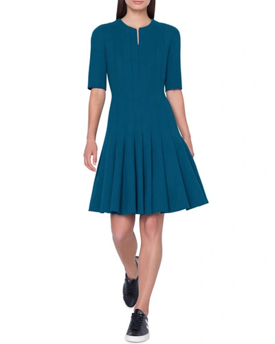 Akris Elbow-sleeve Zip-front Pleated A-line Wool Dress In Teal