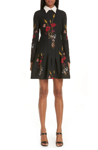 Valentino Long-sleeve Collared Floral-meadow A-line Dress In Black Ivory