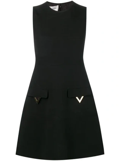 Valentino Sleeveless A-line Crepe Wool Mini Dress W/ Hardware Pockets In Black