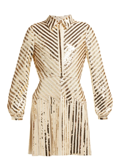 Valentino Long-sleeve Paillette-ribbon Embroidered Body-con Mini Dress In Gold Multi