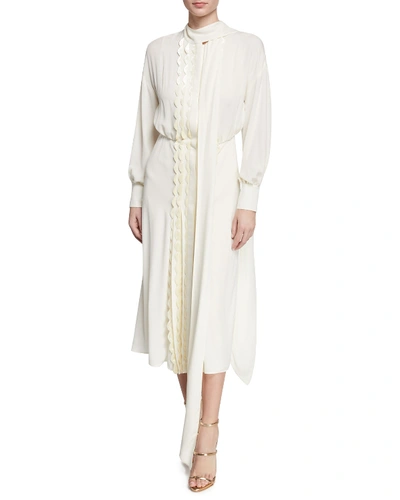 Valentino Long-sleeve Velvet-scalloped Silk Midi Dress In Ivory